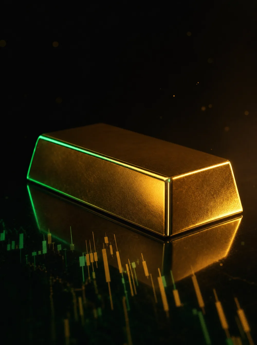 A single gold bar resting over reflected candlestick light